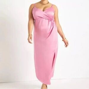 ELOQUII Pink Satin Asymmetrical Hem Maxi/Midi Dress Size 16
